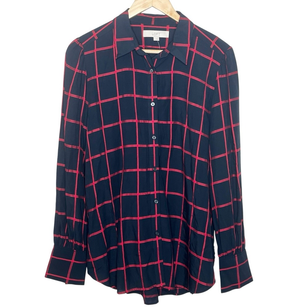 Loft Windowpane Plaid Button Up Shirt Black Red Womens M Career Office Work